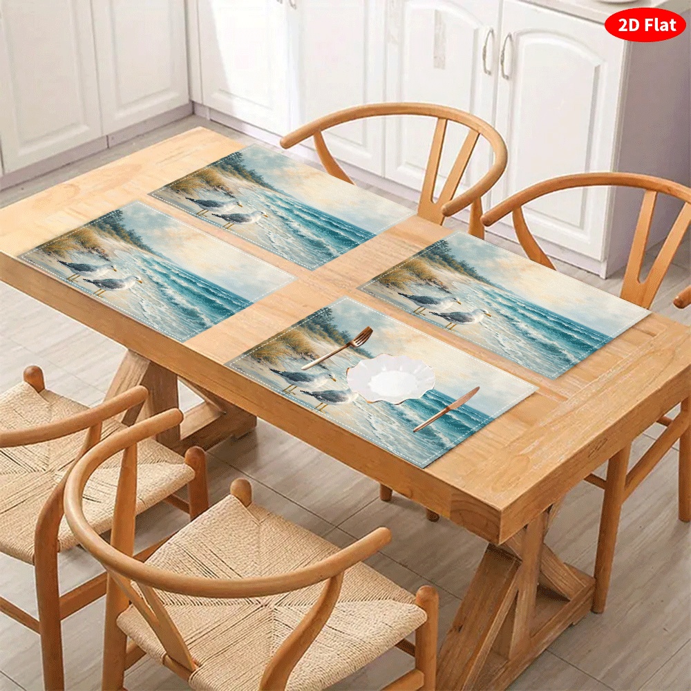 6pcs Seagull Beach Placemats Suitable & Dining Table Decor, Heat-Resistant Washable Table Mats With Nautical Seagull Print, Hand Washable Table_voghion.com