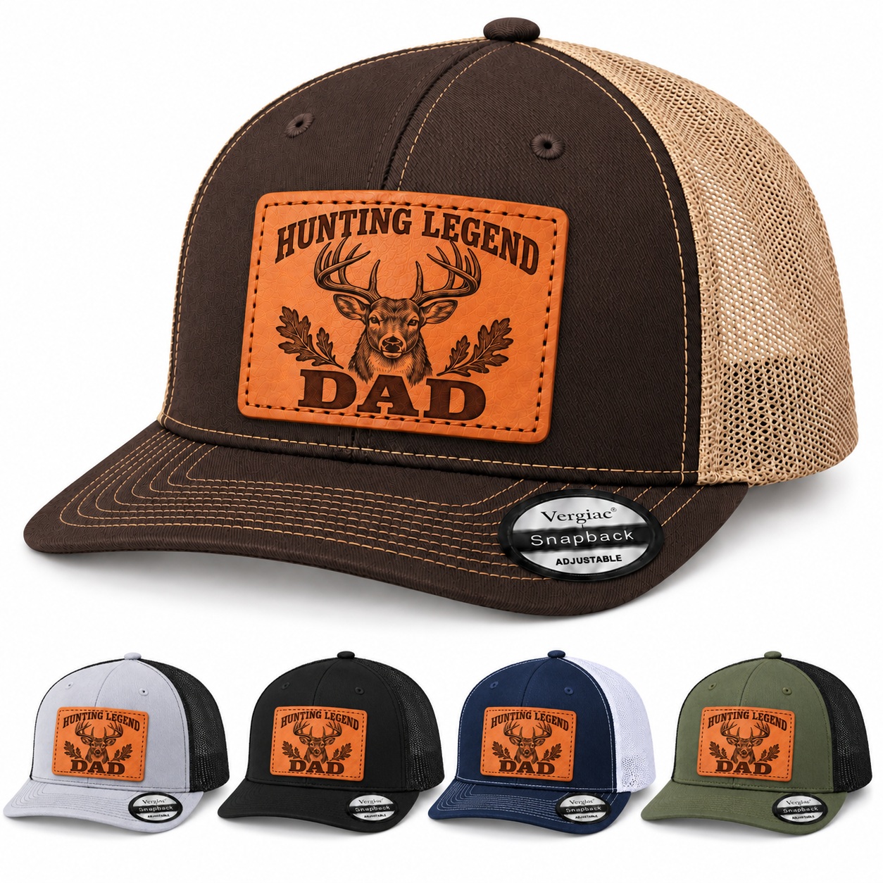 Hunting Legend Dad Deer Head And Oak Leaf Graphic Leather Patch Trucker Hat product details