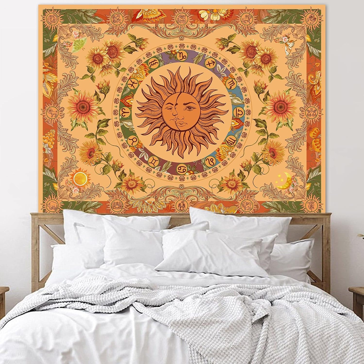 2D Flat Yellow Retro Bohemian Sun Tapestry 1pc With Sunflower Butterfly Moth Constellation Aesthetics For Dorm Living Camping Picnic All Seasons_voghion.com