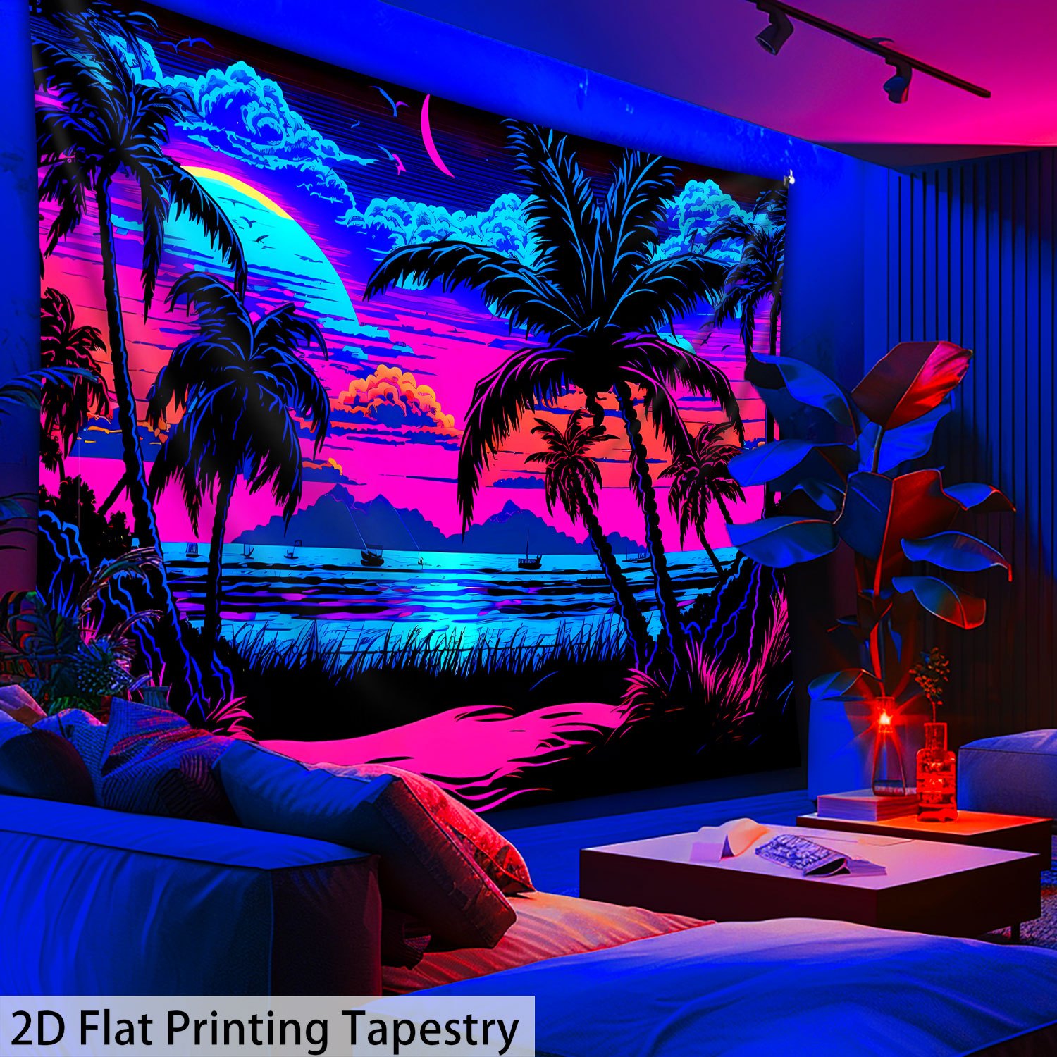 A Large-Sized Fluorescent Printed Tapestry Featuring A Retro Anime Beach Sunset With Neon Palm Trees, Glowing Under UV Light. Suitable For Bedroom_voghion.com