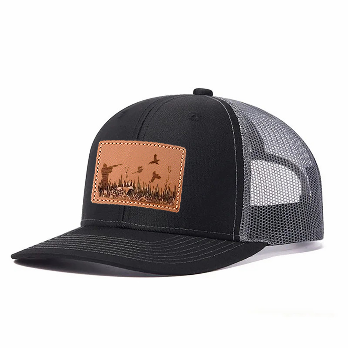 Upland Bird Hunting Scene Leather Patch Trucker Hat product details