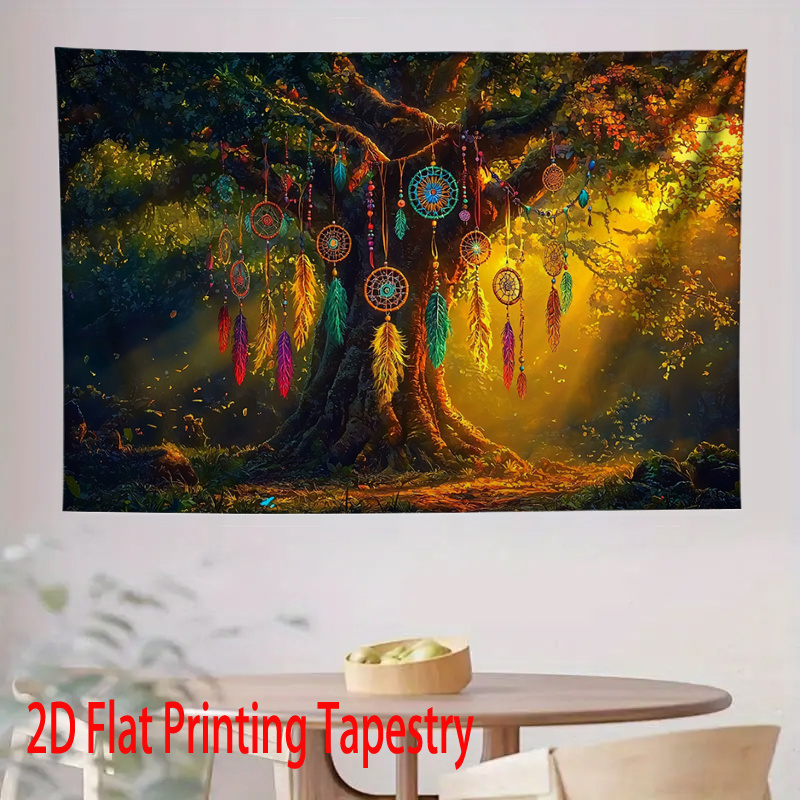 Boho Dreamcatcher Tree Tapestry 2D Flat Printing Fantasy Forest Pattern Polyester Wall Hanging For Home Living Room Bedroom Office Yoga Studio Decor_voghion.com