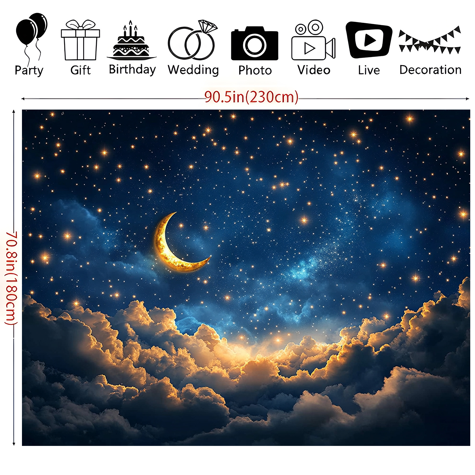 Tapisserie en polyester doux et vaporeux, motif croissant de lune et ciel étoilé, avec nuages et étoiles scintillantes, idéale pour une chambre romantique, un salon, un mariage ou un anniversaire._voghion.com