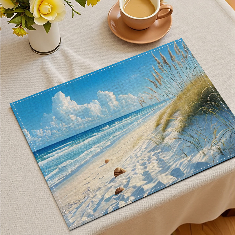 Ensemble de 4 sets de table turquoise et blancs à motif plage côtière - Vagues, coquillages et empreintes de pas réalistes, texture bleu clair et sable_voghion.com