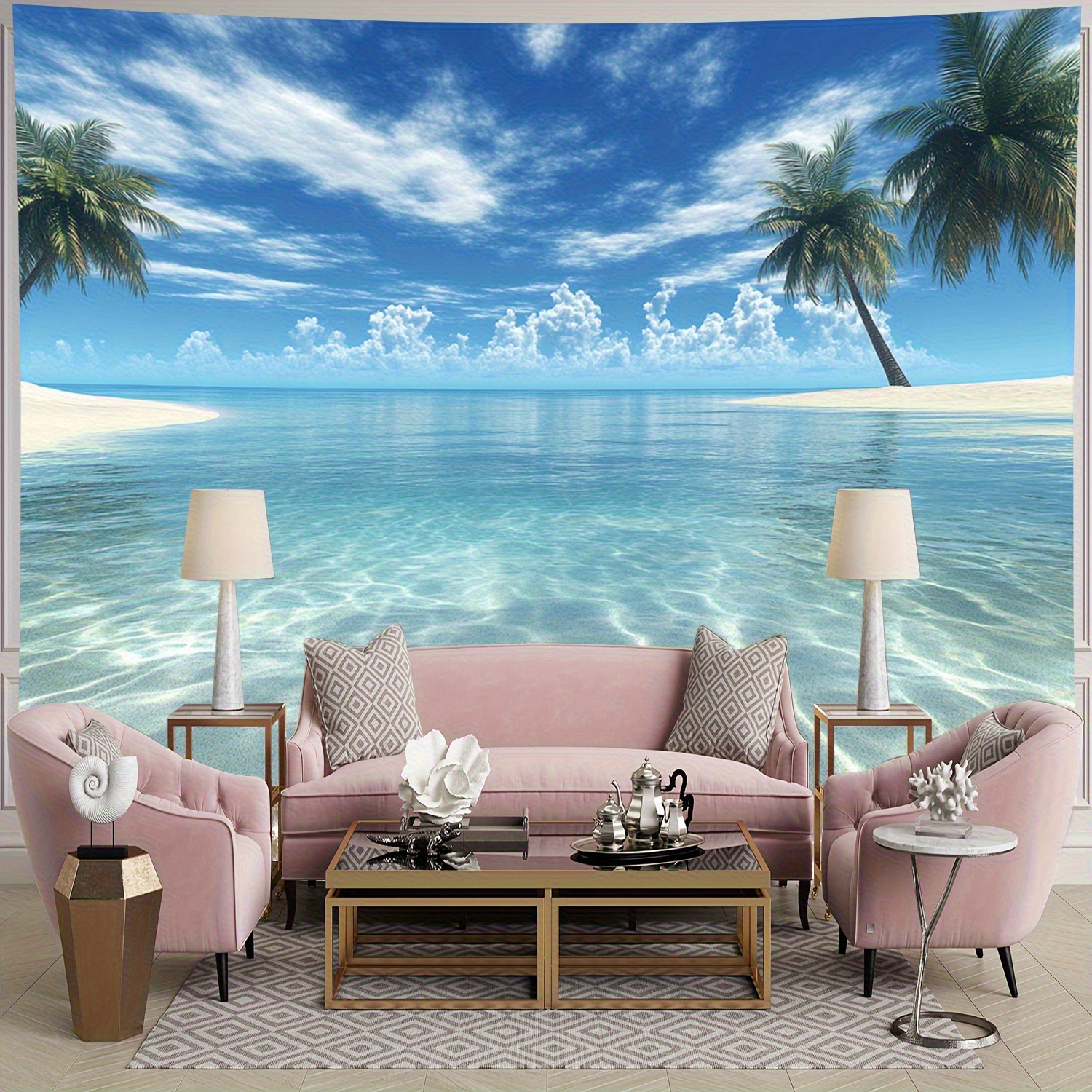 Large 2D Flat Tropical Beach Scenery Tapestry Wall Hanging With Palm Trees Crystal Clear Waters For Bedroom Living Room Decor Beach Theme_voghion.com