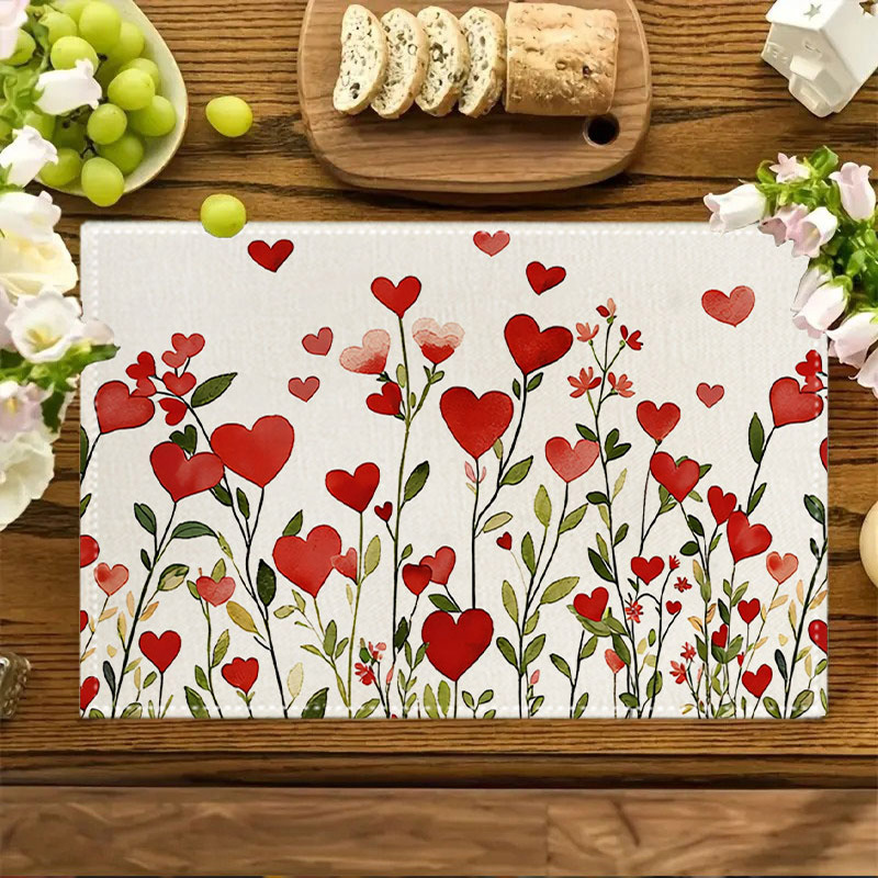 4/6 Tischsets mit rotem Herz- und Pflanzenmotiv zum Valentinstag, Dekorationen für Jubiläen und Hochzeiten mit Blatt- und Blumenmustern für die Küche_voghion.com
