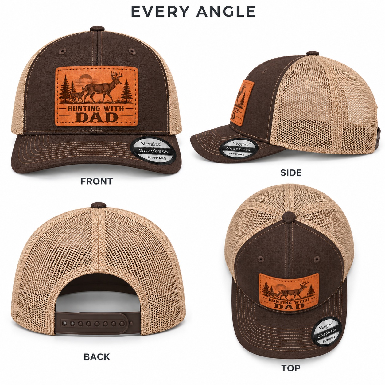 Hunting With Dad Deer And Pine Tree Graphic Leather Patch Trucker Hat product details