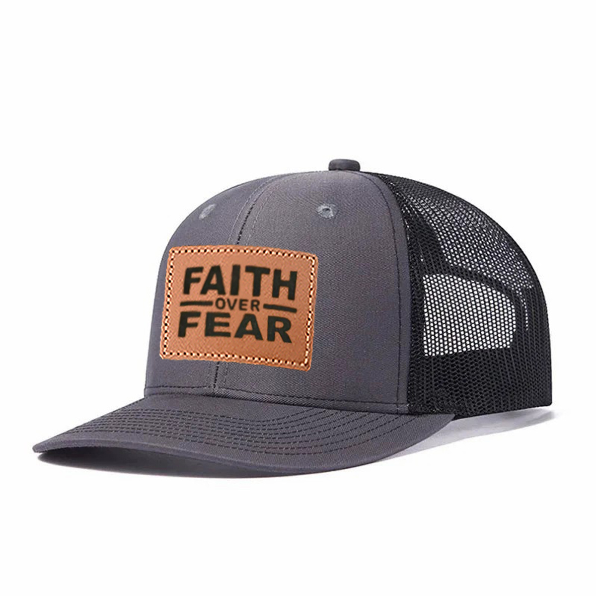 Faith Over Fear Leather Patch Trucker Hat product details