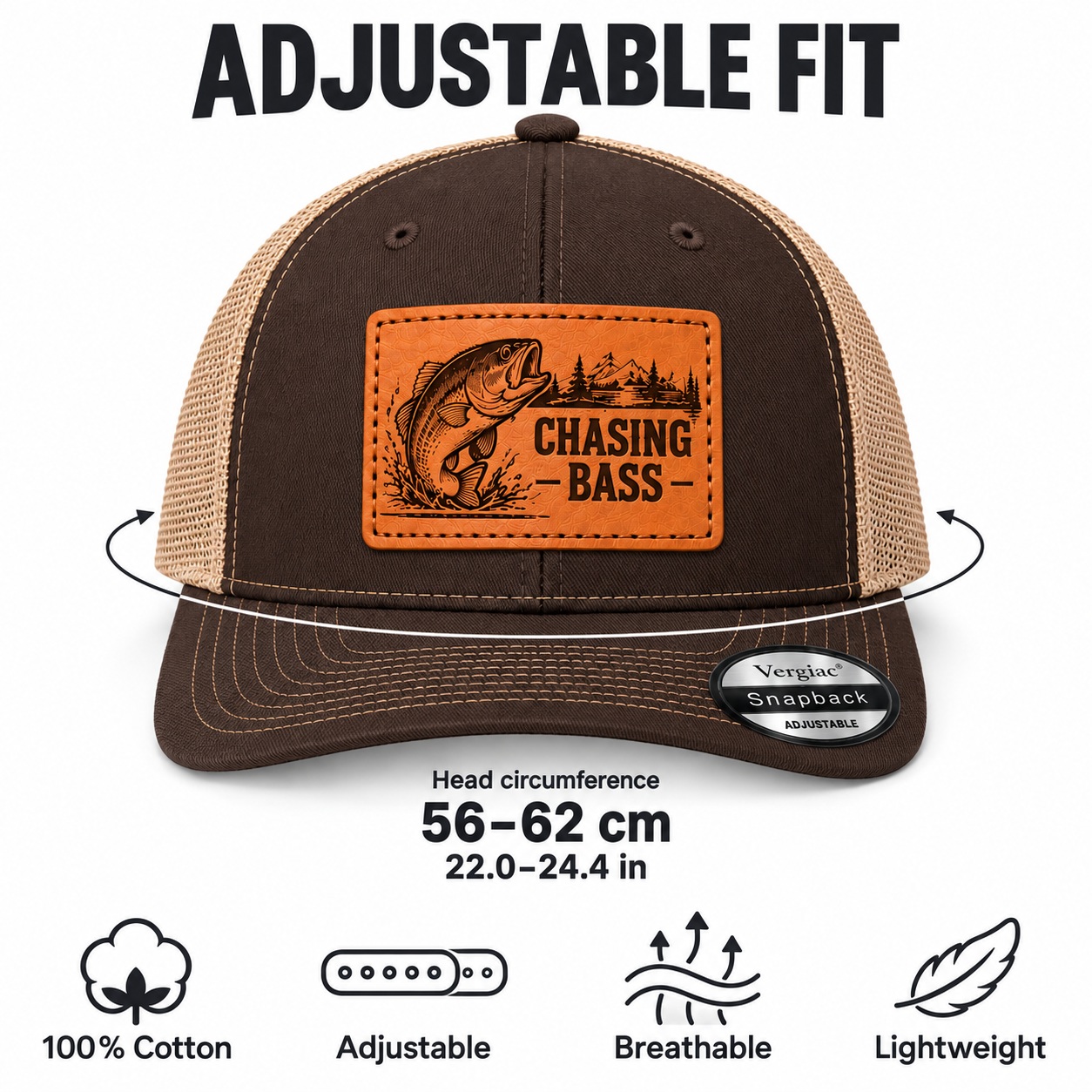 Chasing Bass Bass Fishing Graphic Leather Patch Trucker Hat product details