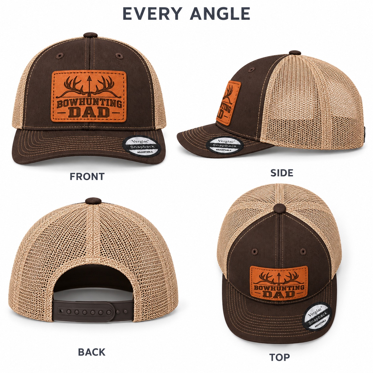 Bowhunting Dad Antler And Bow Graphic Leather Patch Trucker Hat product details