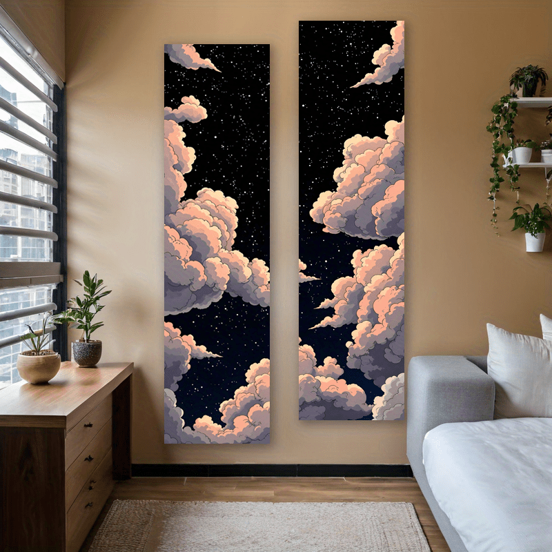 Mysterious Starry Night Sky Vertical Banner Tapestry 2pcs Set Fantastic Clouds Star Landscape Long Narrow Moonlit Aesthetic Art Washable Wall Decor_voghion.com