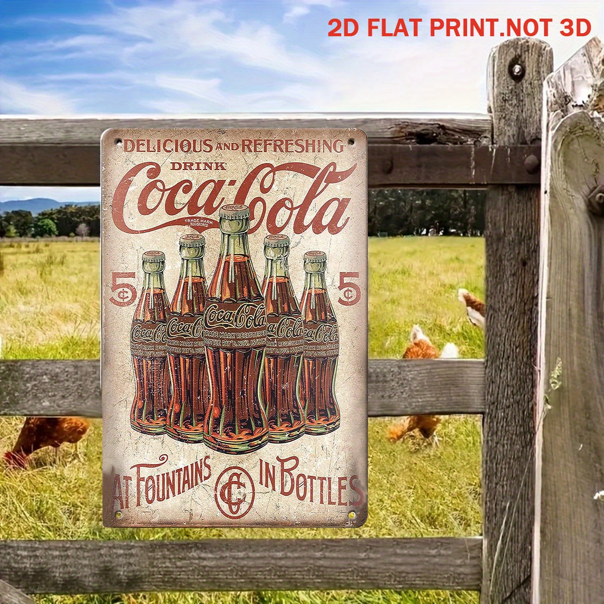 Vintage Coca-Cola 5¢ Bottle Metal Sign Retro Soda Farmhouse