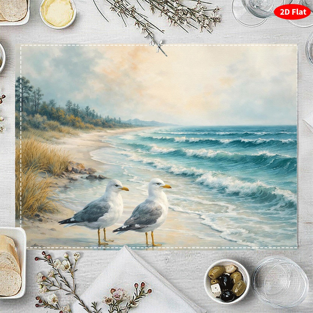 6pcs Seagull Beach Placemats Suitable & Dining Table Decor, Heat-Resistant Washable Table Mats With Nautical Seagull Print, Hand Washable Table_voghion.com