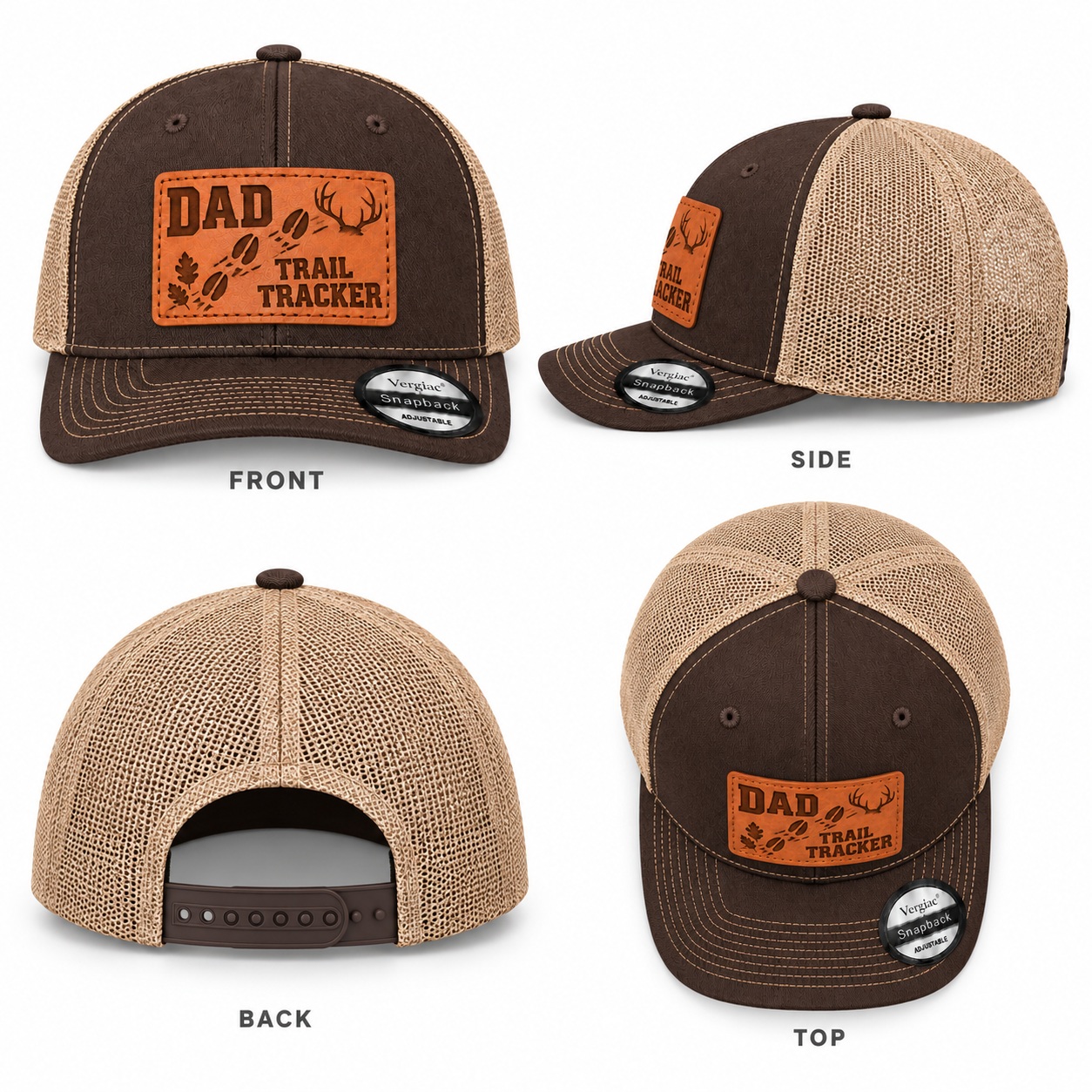 Dad Trail Tracker Antler And Hoofprint Graphic Leather Patch Trucker Hat product details