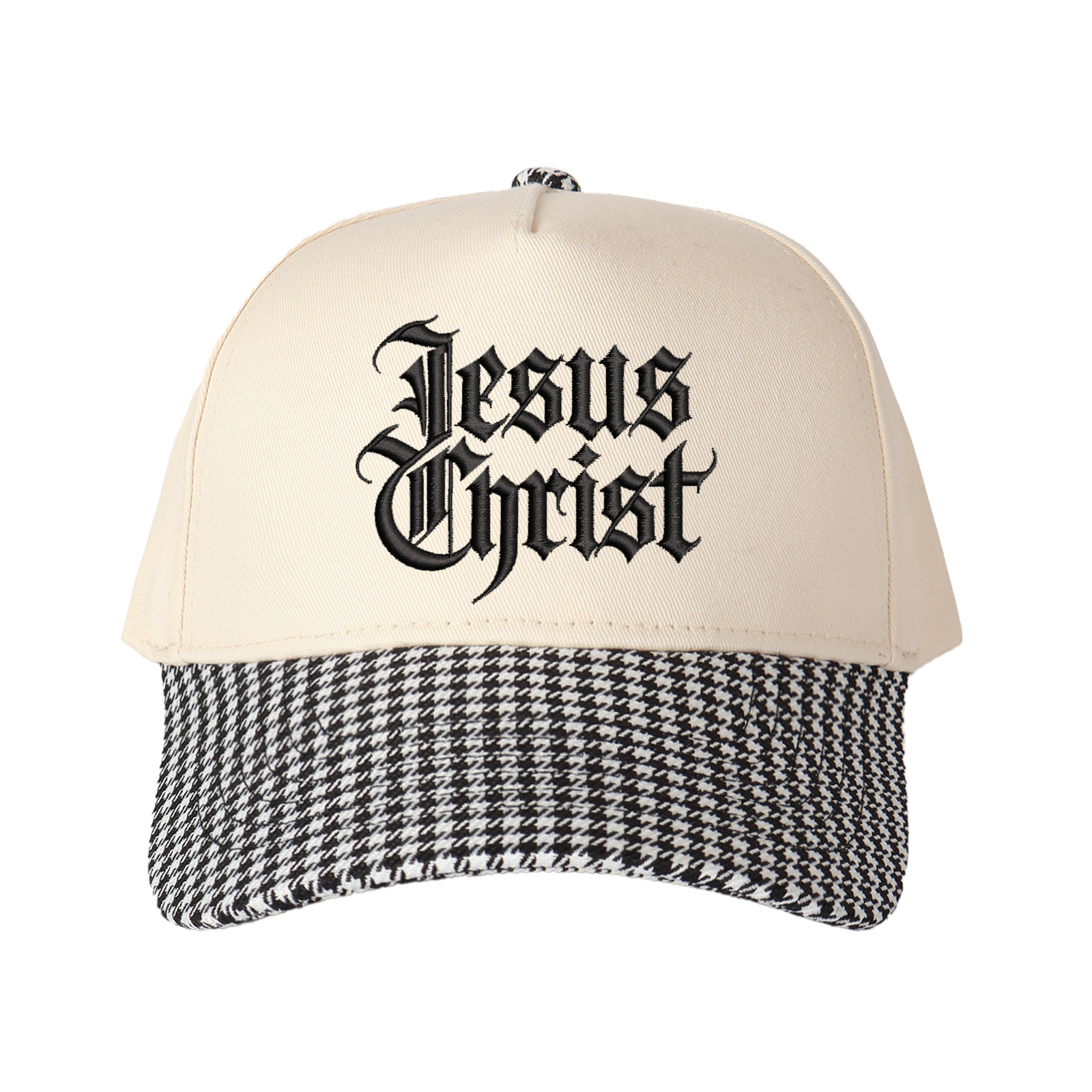 Gothic-style "Jesus Christ" Lettering Embroidered Trucker Hat product details
