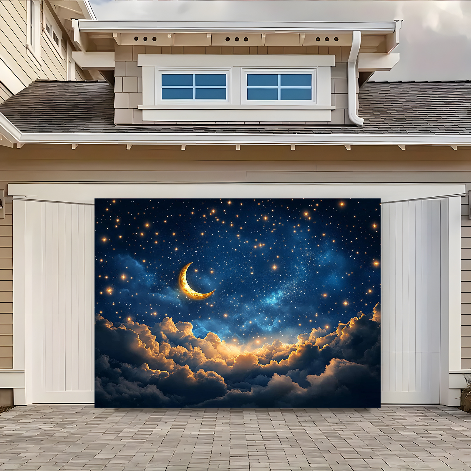 1 stuk wandtapijt met halve maan en sterrenhemel, gemaakt van dromerige polyesterstof met wolken en fonkelende sterren, perfect voor een romantische slaapkamer, woonkamer, bruiloft of verjaardag._voghion.com