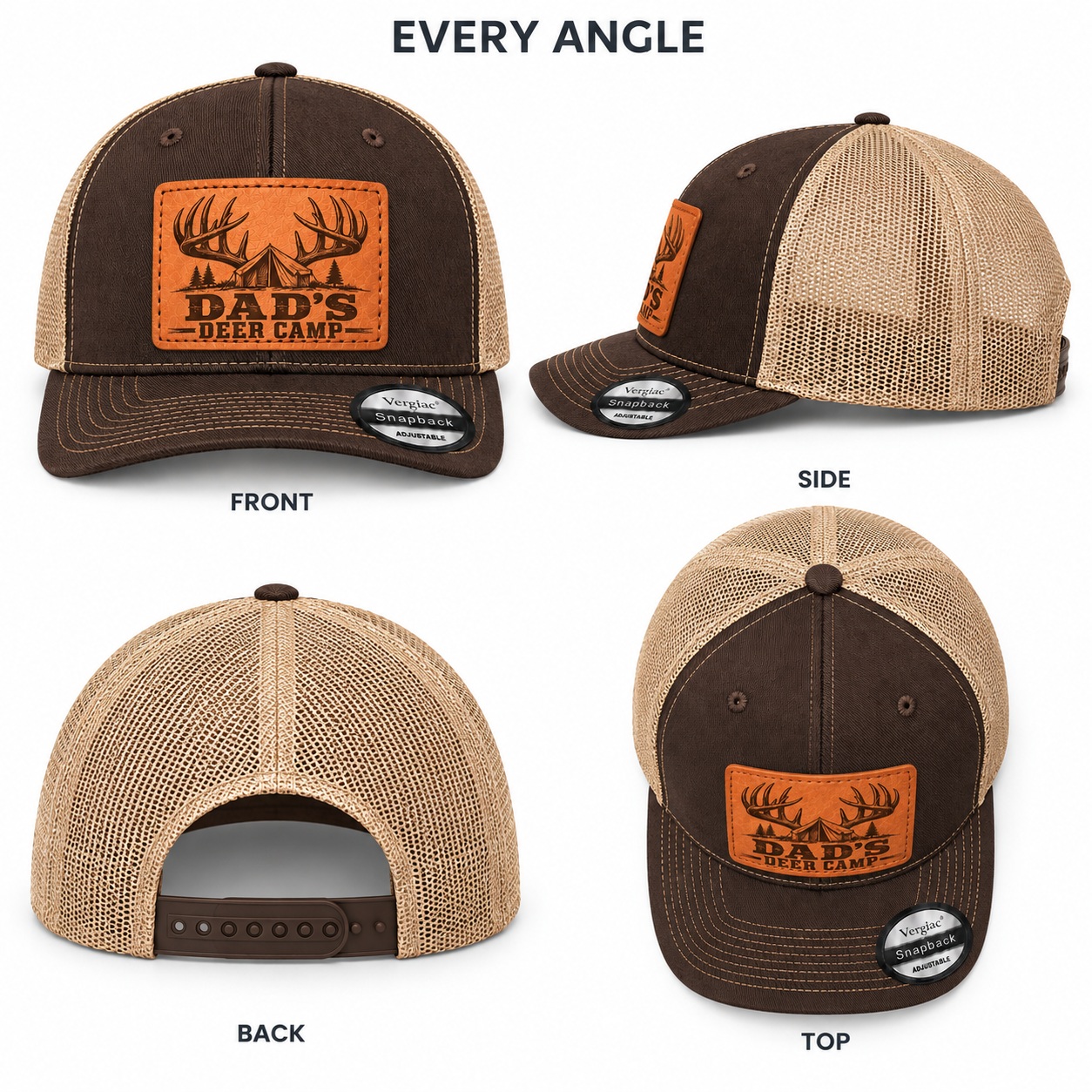 Dad's Deer Camp Antler And Tent Graphic Leather Patch Trucker Hat product details