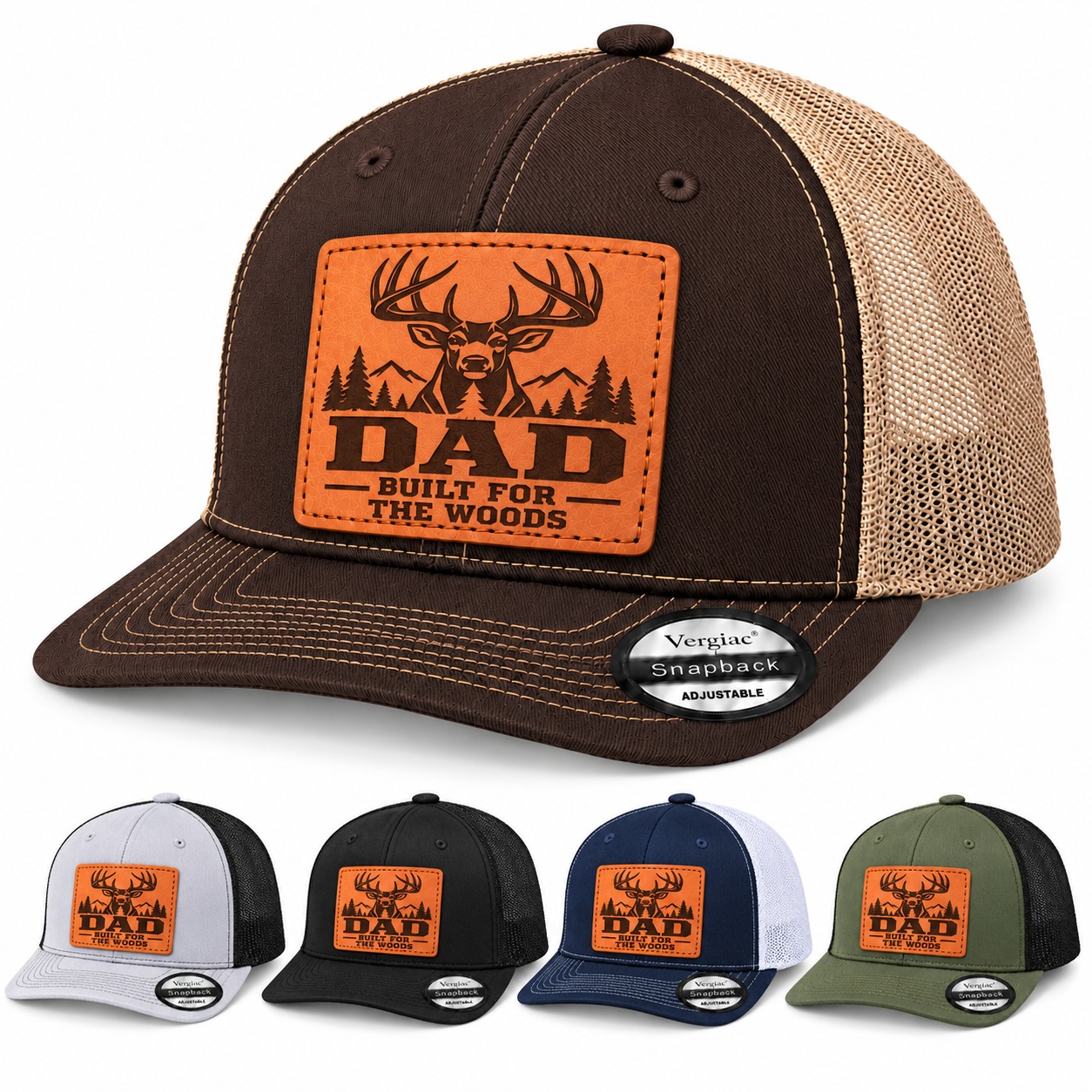 Dad Built for the Woods Leather Patch Trucker Hat product details