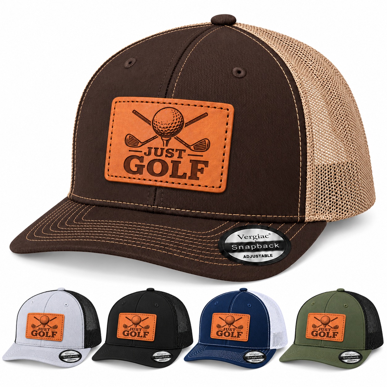 Just Golf Golf Club Graphic Leather Patch Trucker Hat product details