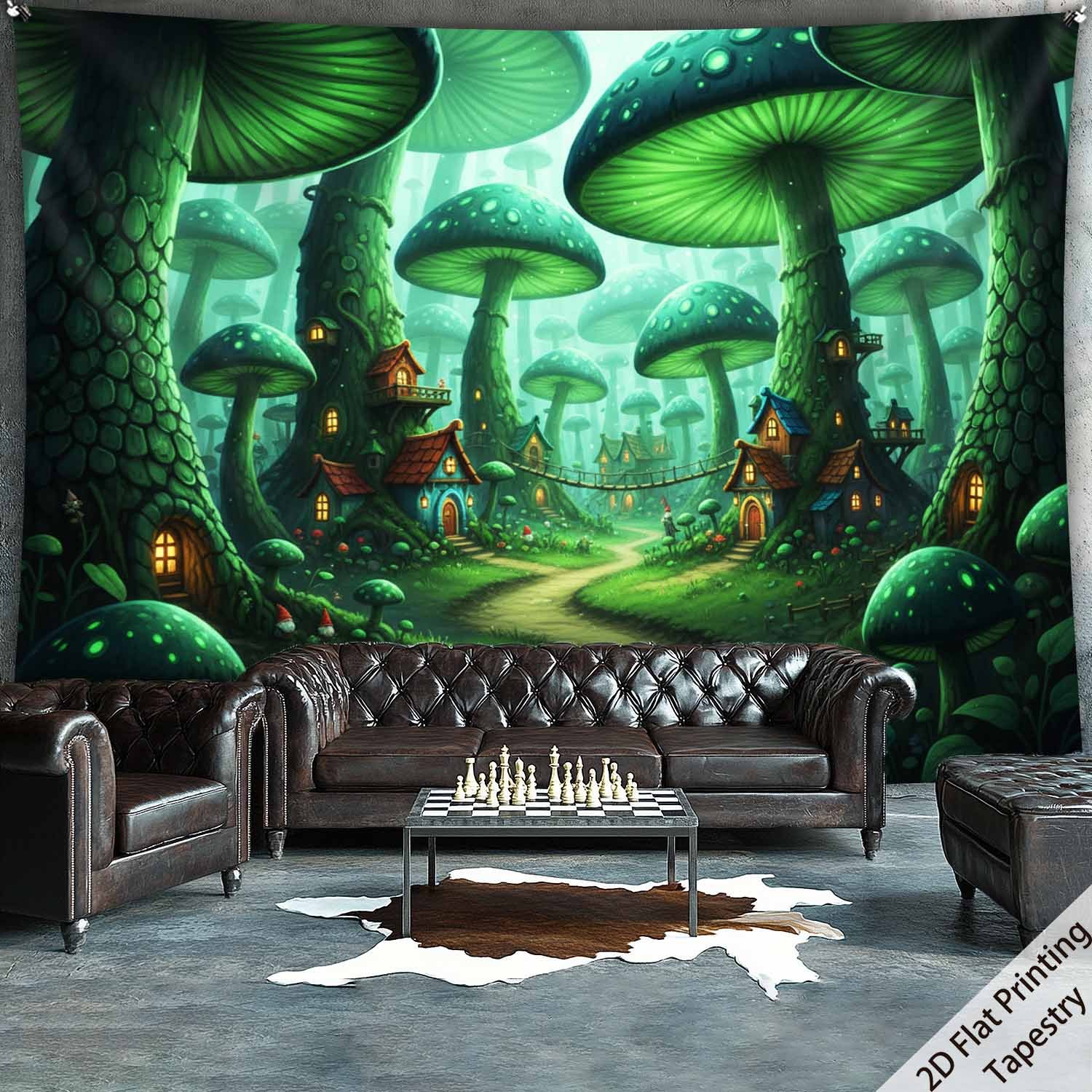 Tapisserie murale extra large en polyester, motif forêt de champignons et plantes, impression numérique HD, inspirée par la nature. Décoration murale avec clips de suspension inclus. Format plat 2D._voghion.com
