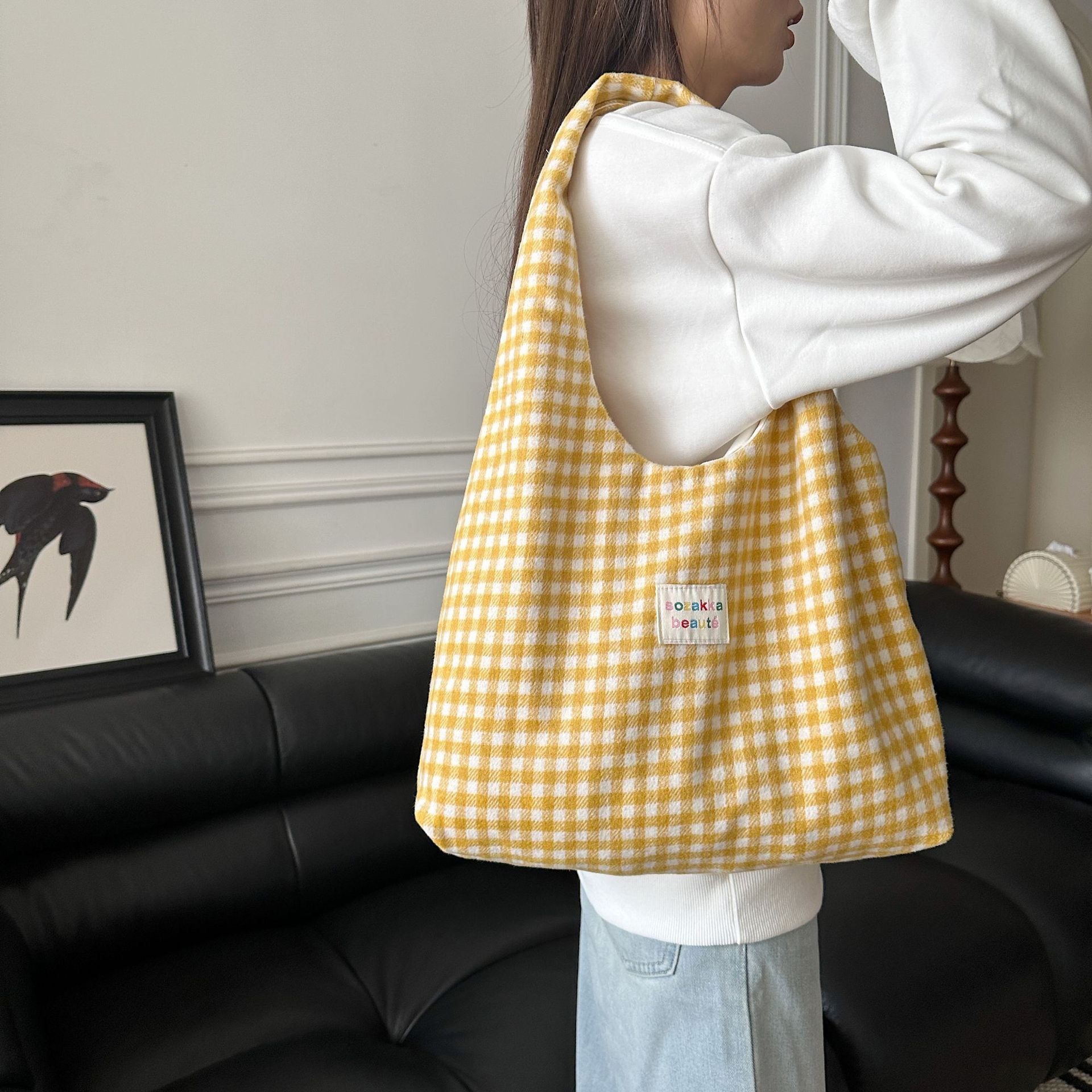Korean Ins Sweet Pink Gingham Hobo Tote Bag Soft Fabric Letter Patch Large Capacity Ladies Campus Casual Shoulder Purse_voghion.com