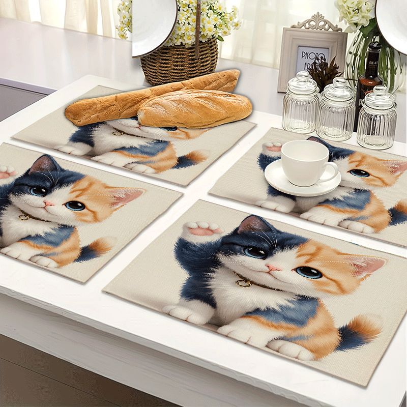 1/4/6 rechteckige Platzsets – 30,48 x 45,72 cm, Untersetzer mit Katzenmotiven und niedlichen 2D-Cartoon-Elementen, strapazierfähige und waschbare Tischsets aus Polyester_voghion.com