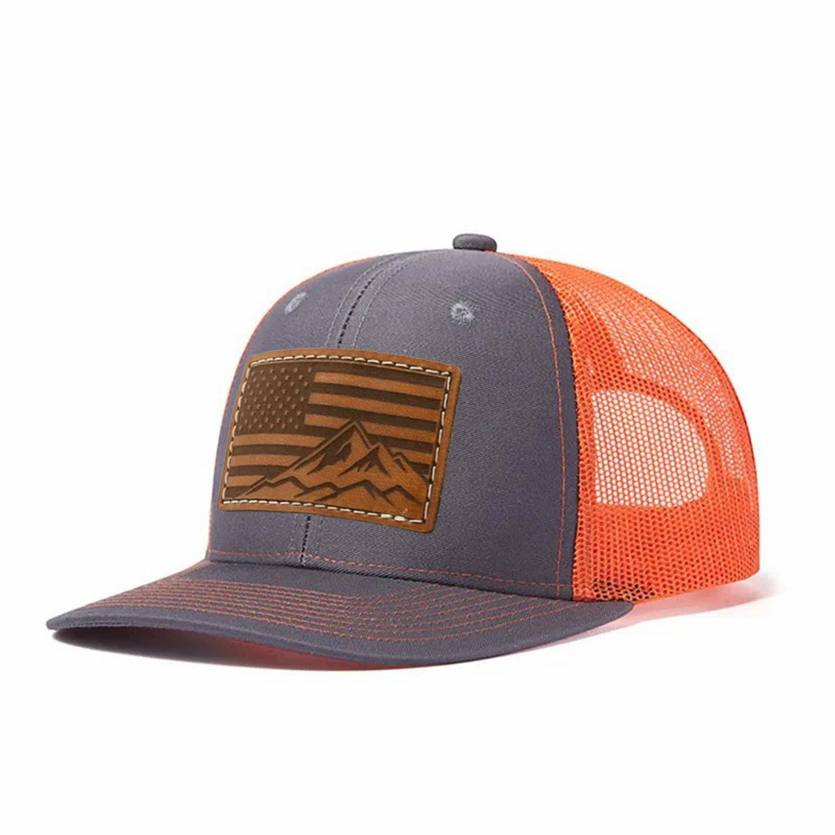 USA Flag Mountain Leather Patch Trucker Hat product details