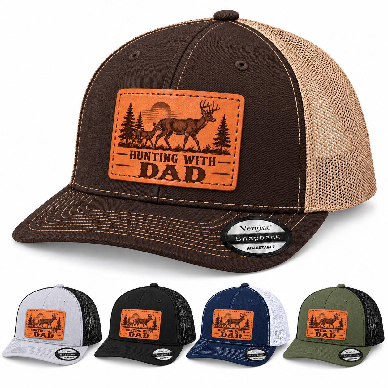 Hunting With Dad Deer And Pine Tree Graphic Leather Patch Trucker Hat product details