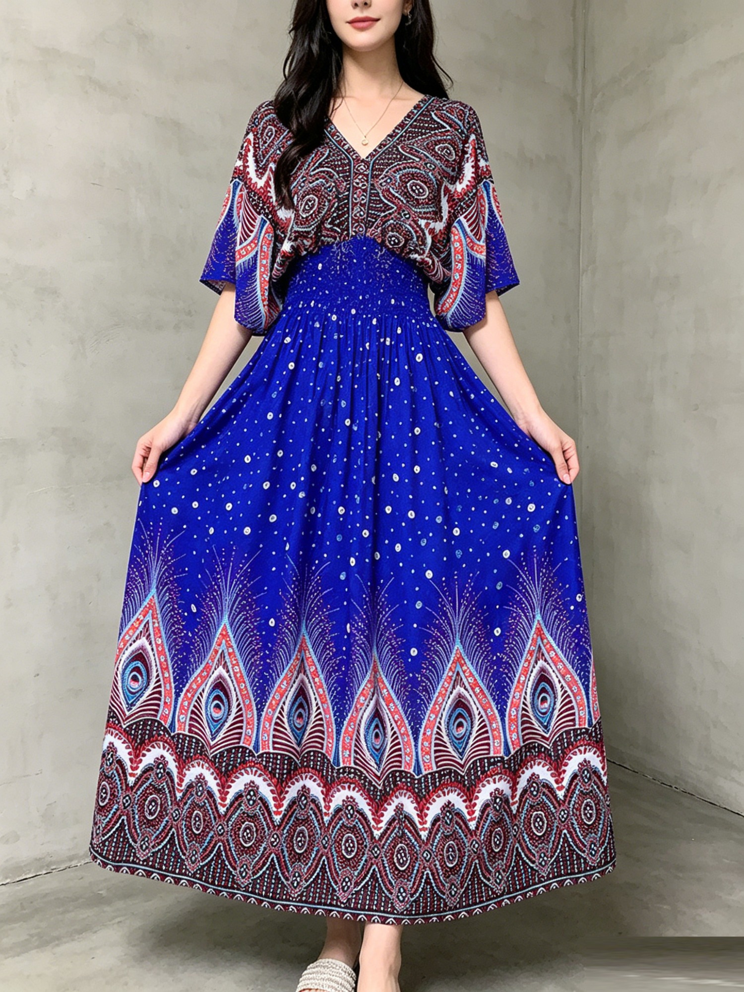 Casual Flowy Boho Dress Women Short Sleeve Light Breathable Resort Travel Wear