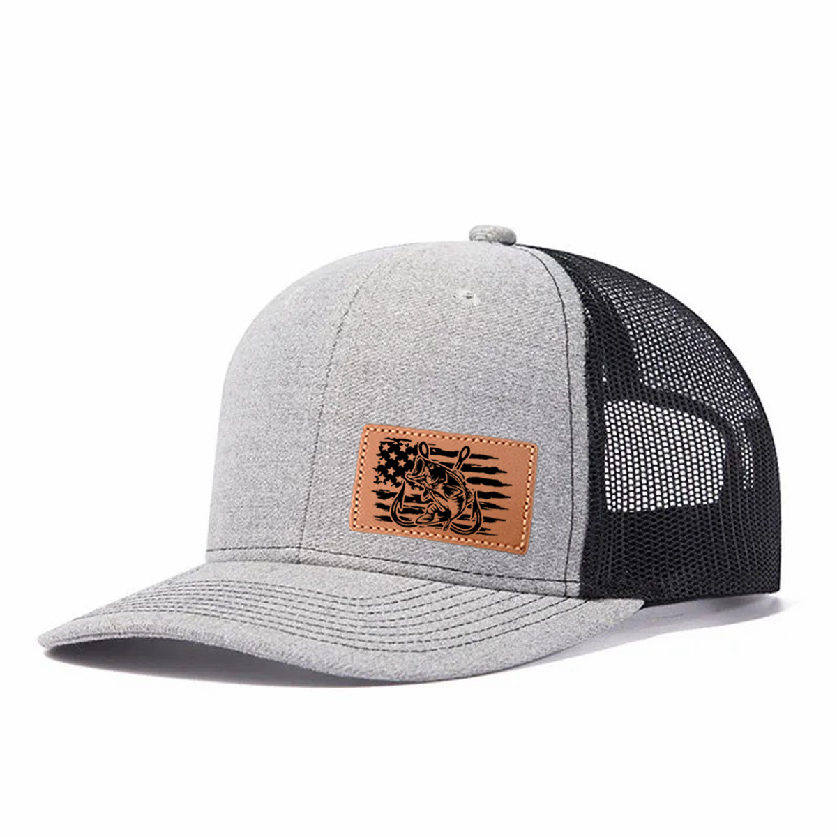 Fishing-themed Leather Patch Trucker Hat product details