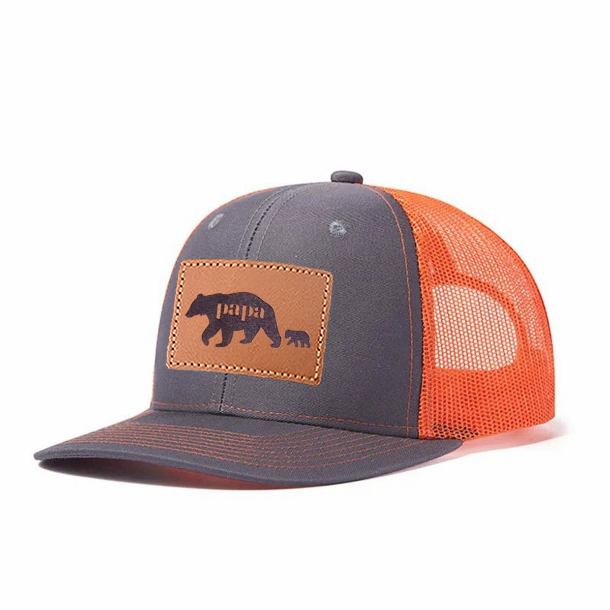 Papa Bear Leather Patch Trucker Hat product details