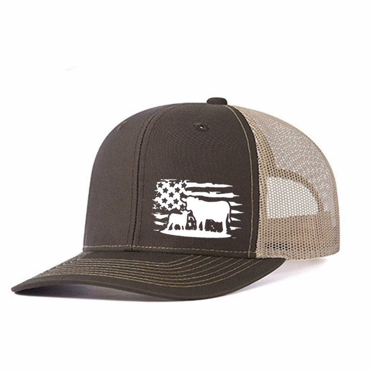 American Flag And Cattle Silhouette Leather Patch Trucker Hat product details