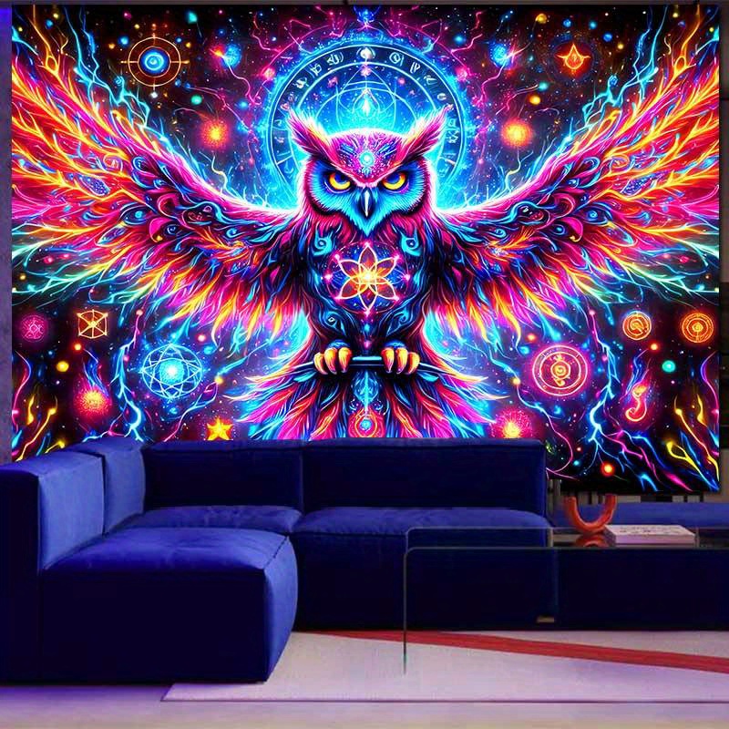 3D Neon Vibrant Owl Tapestry Premium Polyester Wall Hanging Colorful Psychedelic Glowing Orbs Stars Home Decor For Bedroom Gaming Themed Rooms_voghion.com