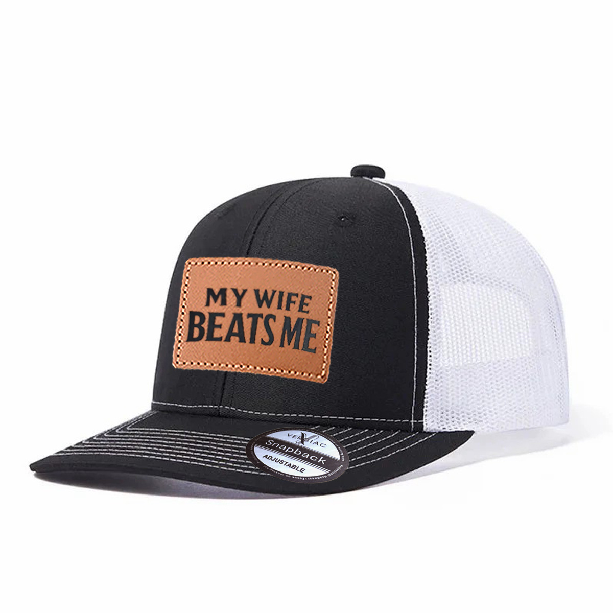 My Wife Beats Me Leather Patch Trucker Hat product details