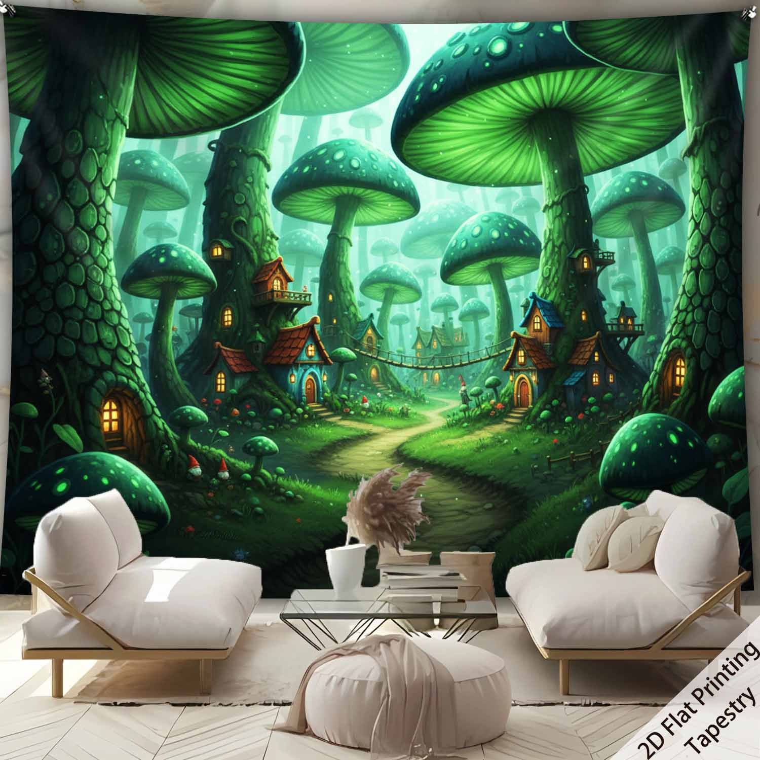 Tapisserie murale extra large en polyester, motif forêt de champignons et plantes, impression numérique HD, inspirée par la nature. Décoration murale avec clips de suspension inclus. Format plat 2D._voghion.com