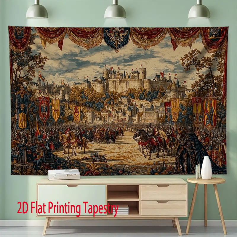 Vintage Aesthetic Medieval Castle Tournament Knight Jousting 2D Flat Printing Tapestry Polyester Wall Hanging Decor For Home Living Room Bedroom_voghion.com