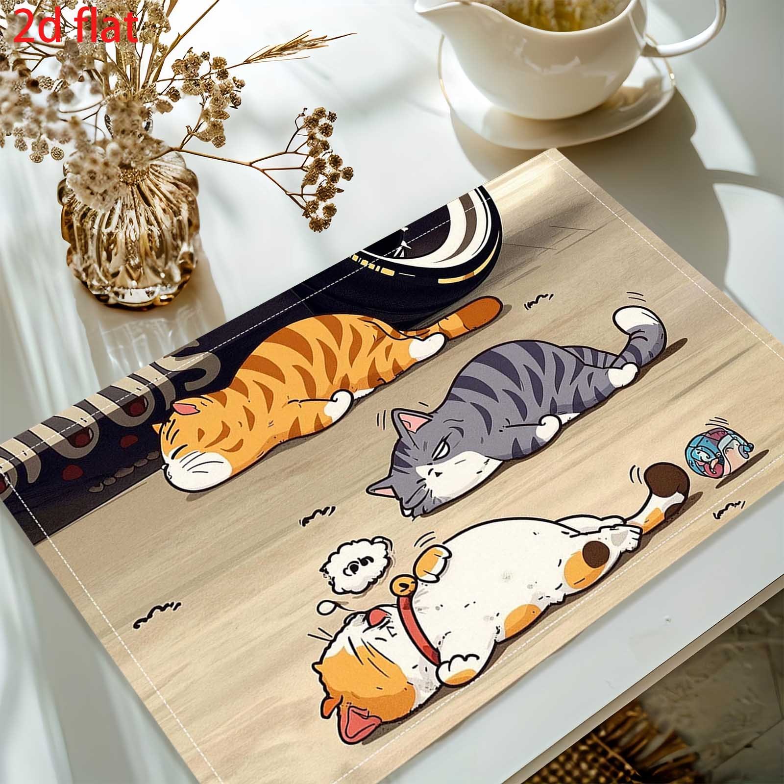Ensemble de 4 sets de table à motifs de chats faisant la sieste, avec une route gris clair en arrière-plan, ornés de trois chats paresseux, forme douce et apaisante_voghion.com