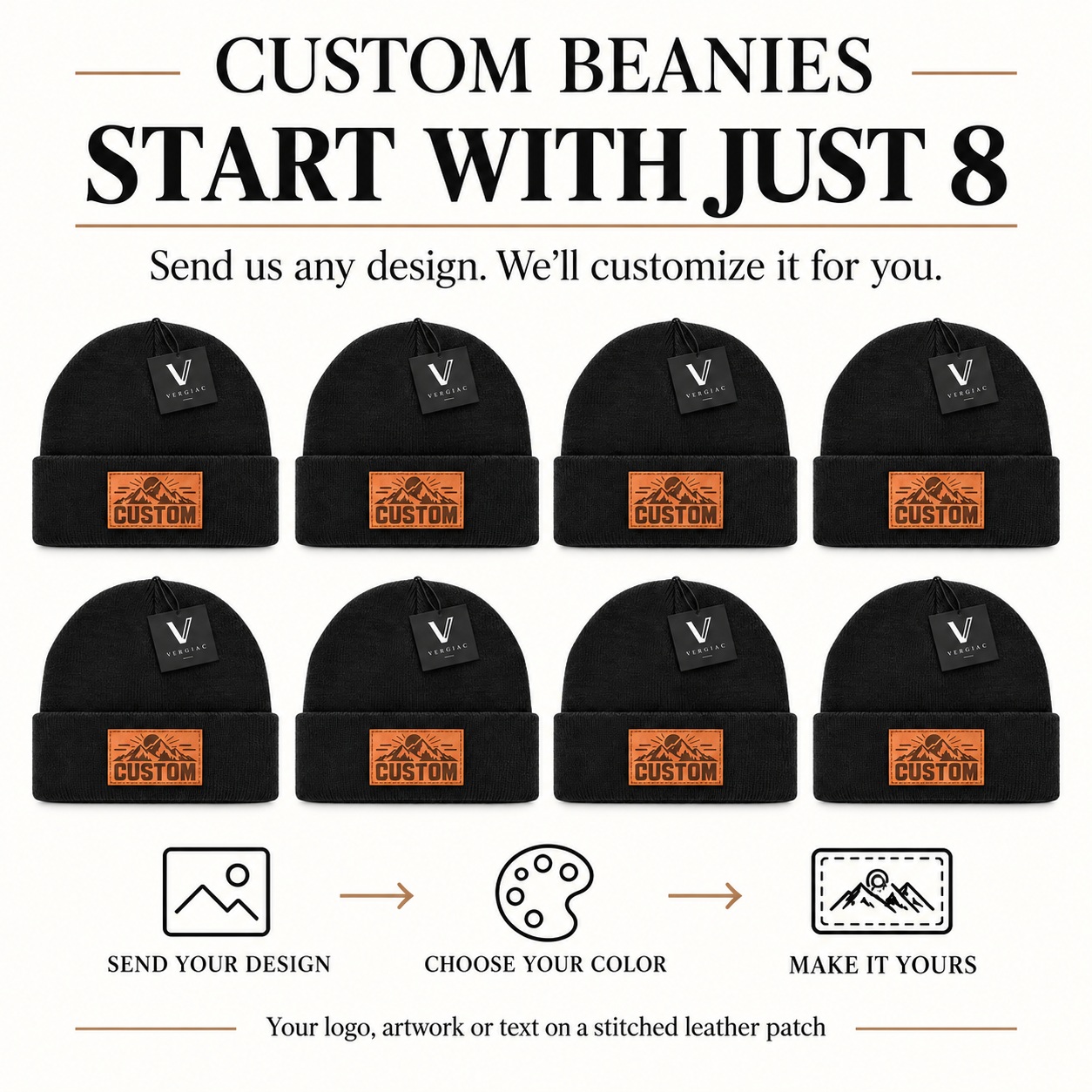 Custom Leather Patch Knit Beanies (8-Pack) product details
