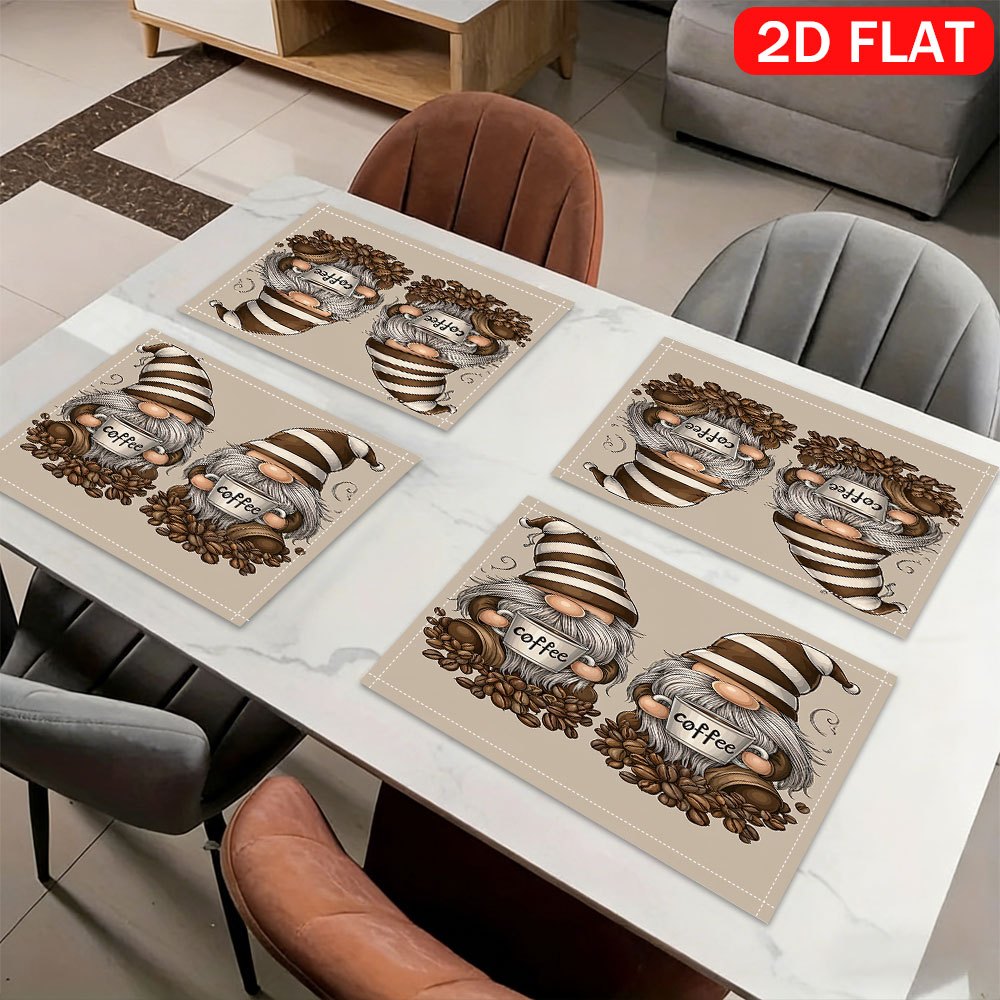 2/4/6pcs Placemats 2D Flat 30X45Cm/11.81X17.72Inch Coffee Gnome Mug Scene Table Mats | Polyester, Heat-Resistant, Scald-Proof, Suitable For Indoor_voghion.com