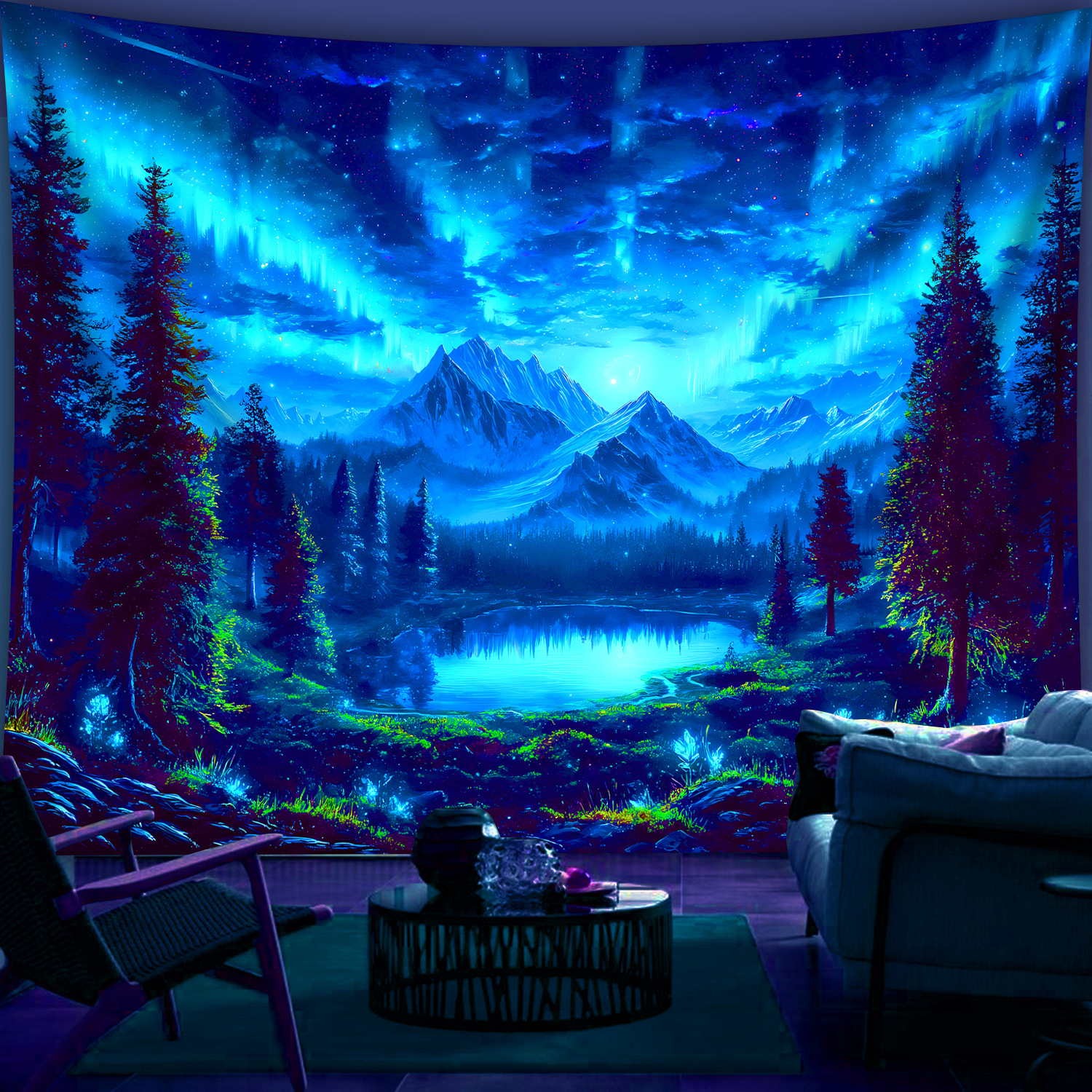 Glow In UV Light Fluorescent Printing Tapestry 1pc Starry Sky Mountains Forests Lakes Large Size Peach Skin Hanging Tapestry For Home Party Wall Decor_voghion.com