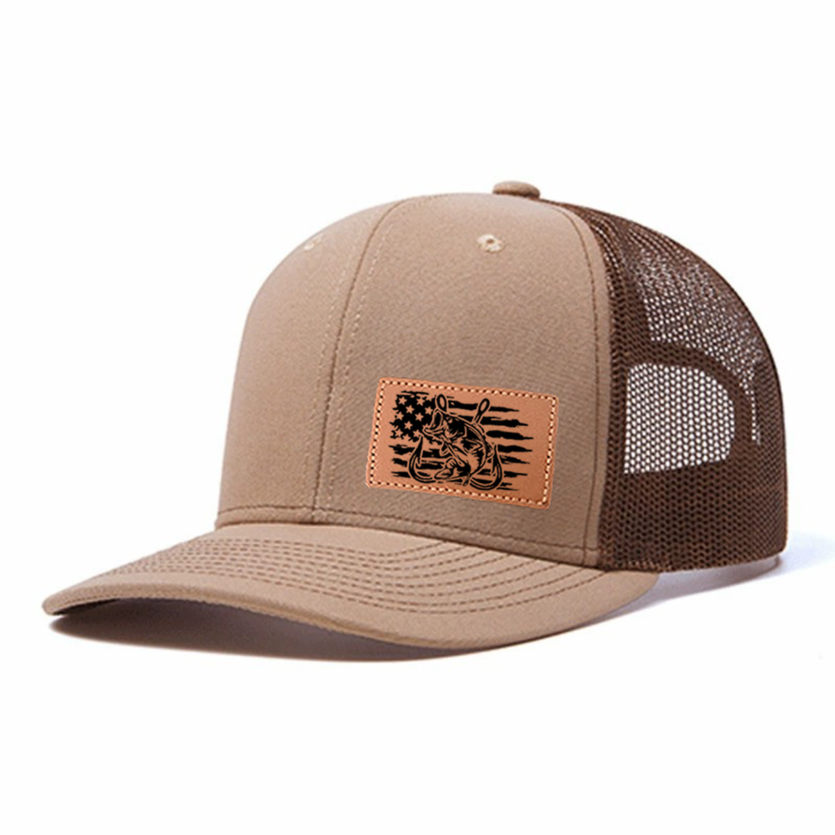 Fishing-themed Leather Patch Trucker Hat product details