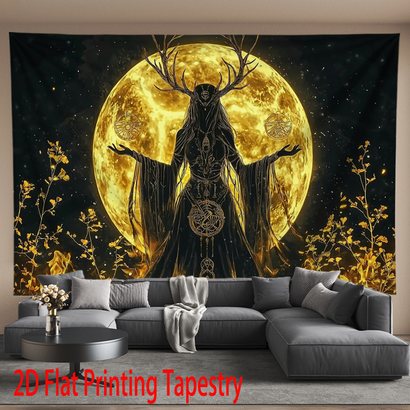 Tapiz plano 2D: un tapiz con una impresión plana en 2D de una diosa lunar con astas, perfecto para decorar tu hogar, sala de estar, dormitorio u oficina._voghion.com