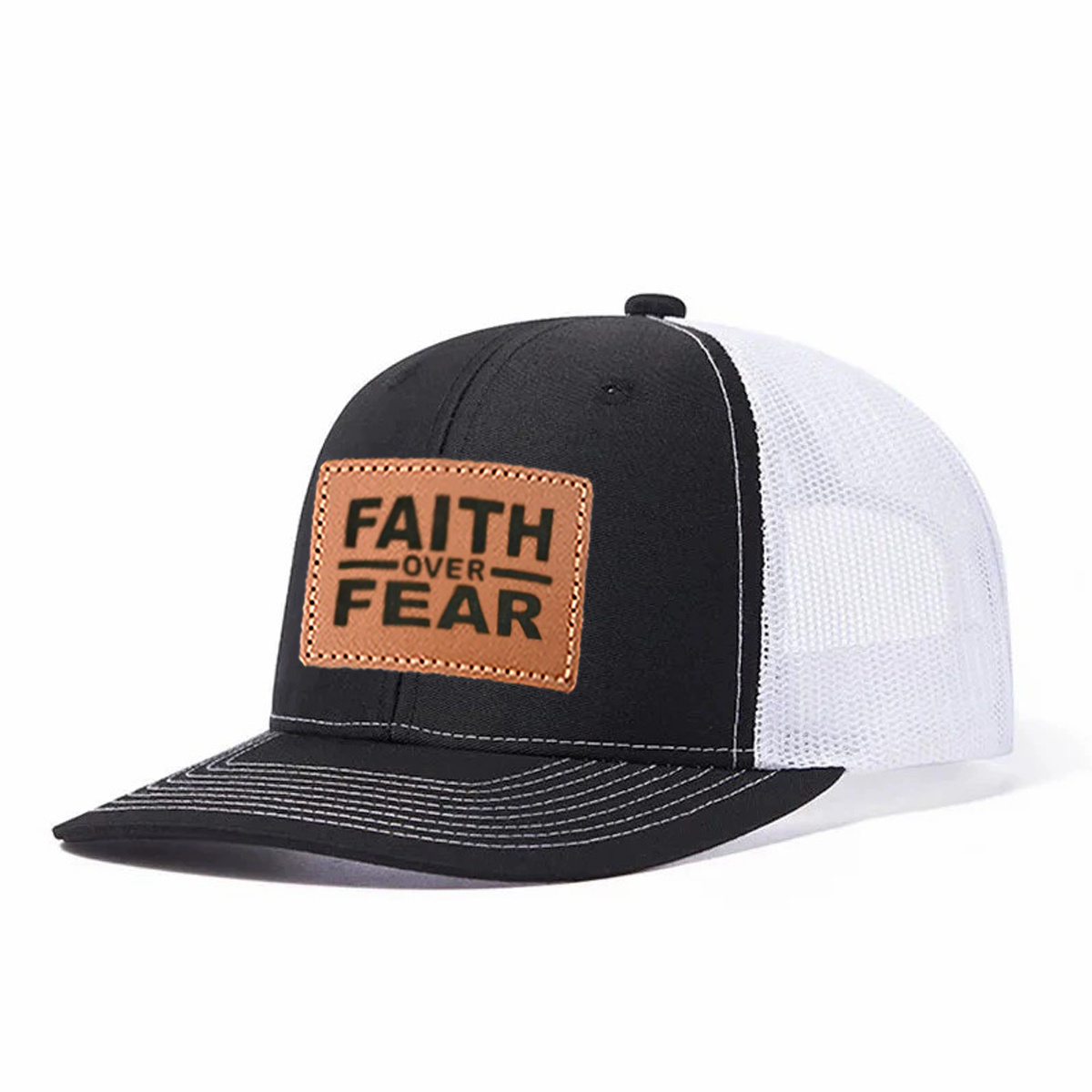 Faith Over Fear Leather Patch Trucker Hat product details