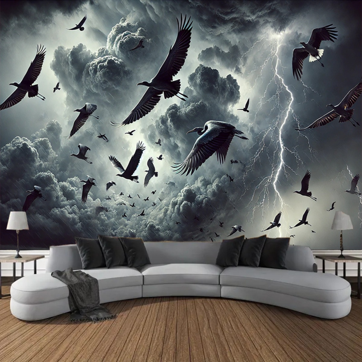 243.84x182.88cm Fabric Large Wall Tapestry Dramatic Storm Birds With Thunderclouds Lightning Wall Art For Living Room Bedroom Office Event Backdrop_voghion.com
