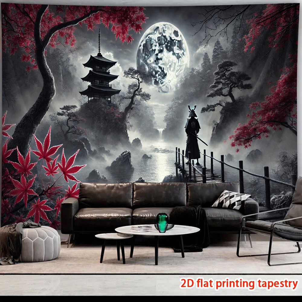 Samurai Under Moon Wall Hanging Tapestry 1 Piece Home Decor Tapestry For Living Room Bedroom Dorm Office Background Holiday Gift Indoor Outdoor_voghion.com