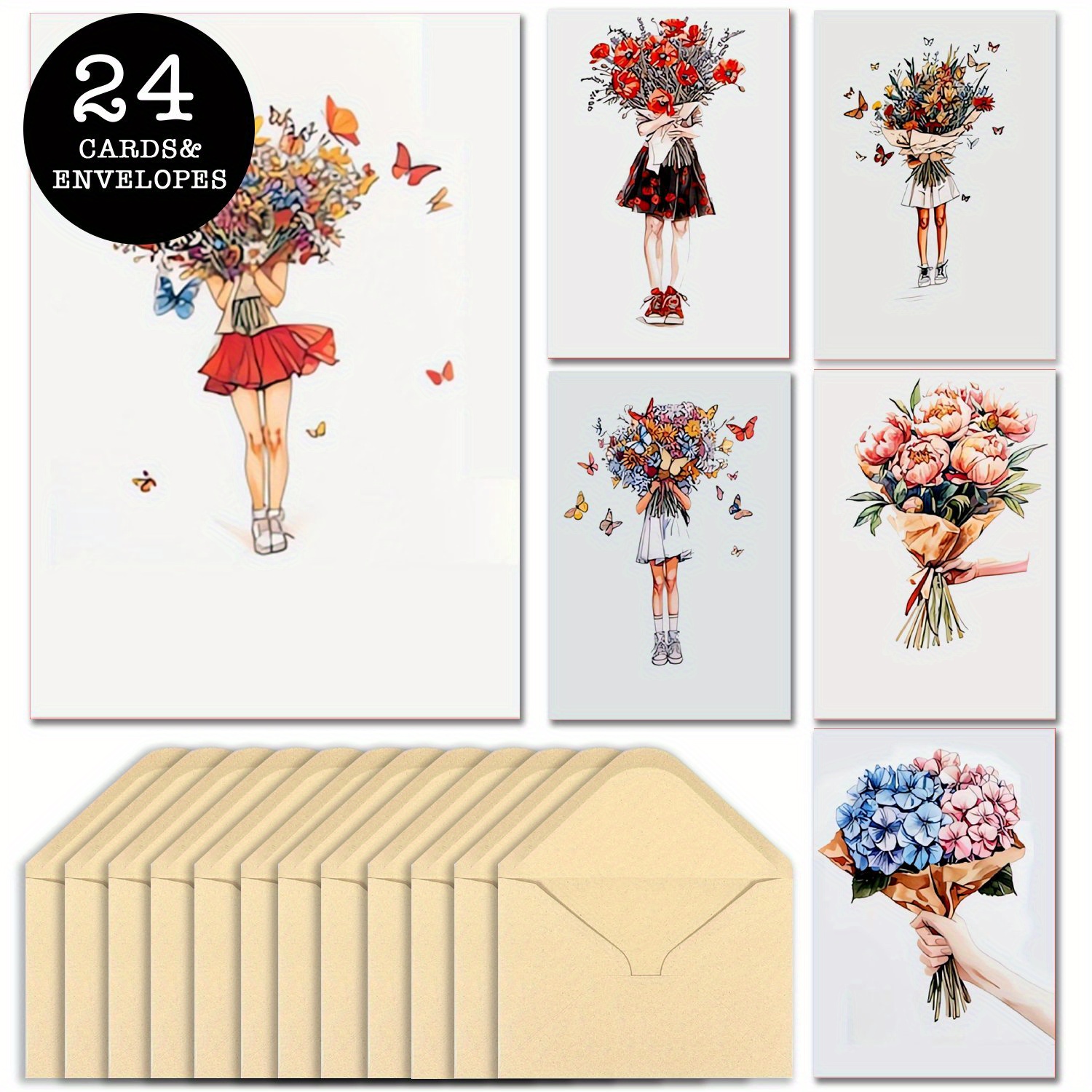 Ensemble de 24 cartes de vœux fleuries mignonnes pour fille avec enveloppes - Parfait pour Halloween, Noël et Thanksgiving -_voghion.com