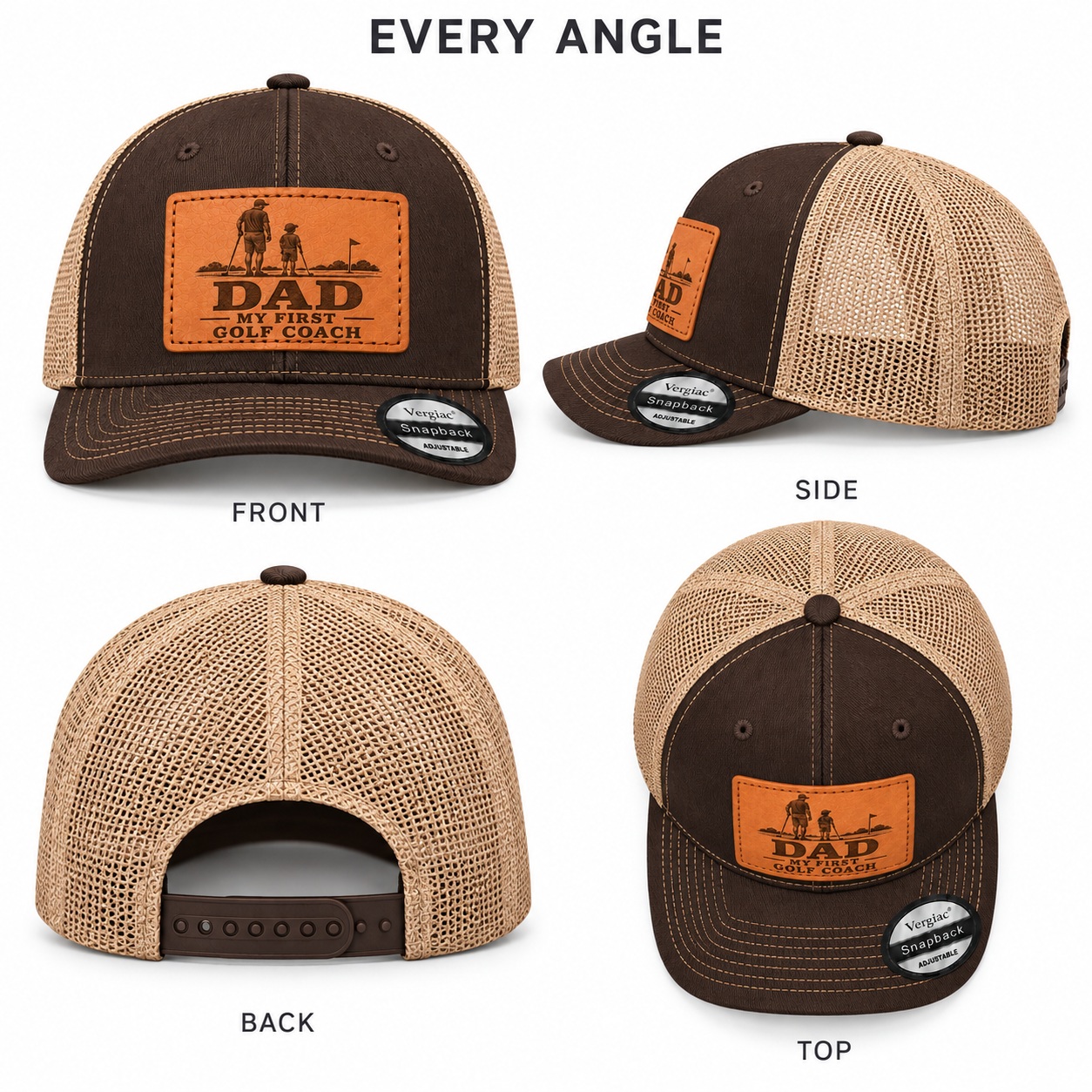 Dad My First Golf Coach Leather Patch Trucker Hat product details