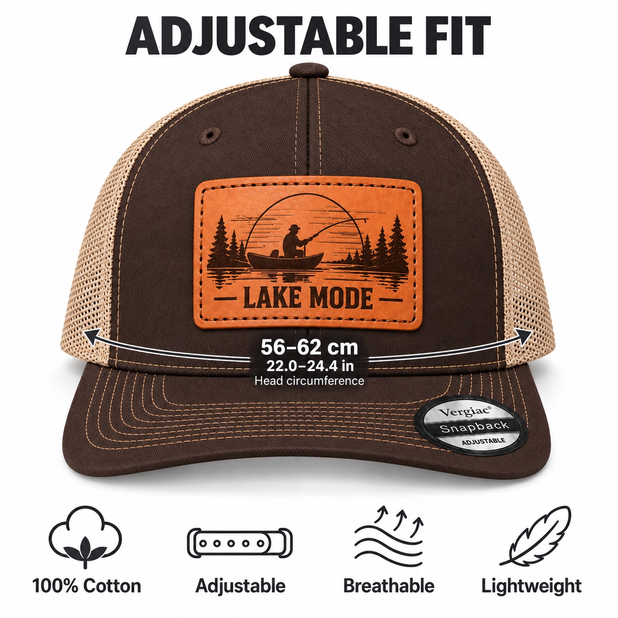 Lake Mode Lake Fishing Graphic Leather Patch Trucker Hat product details