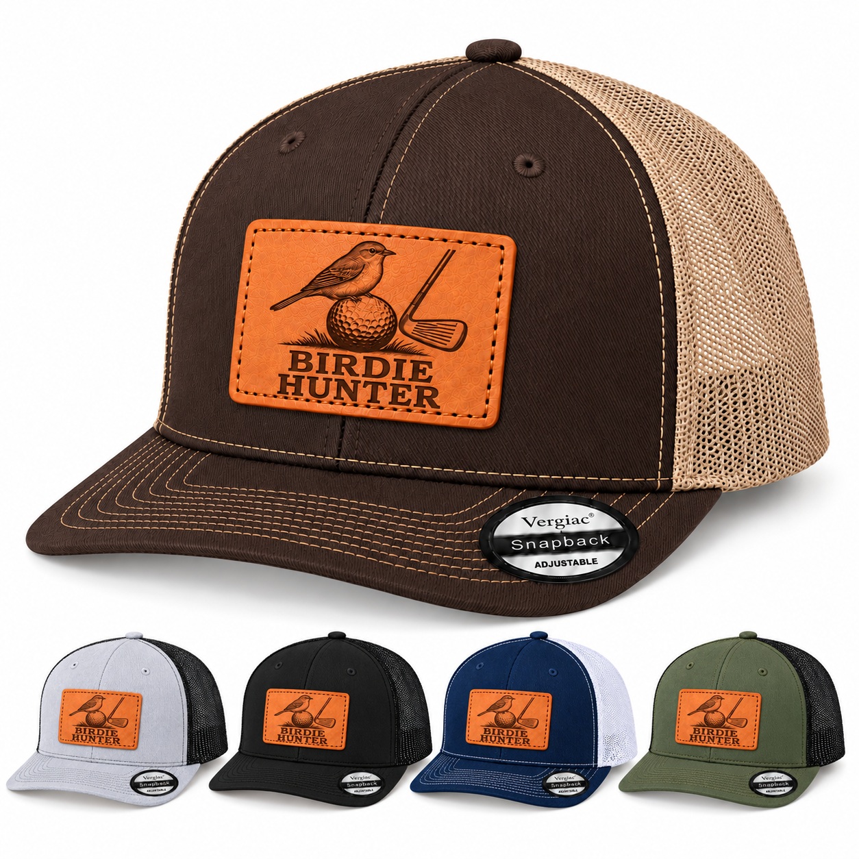 Birdie Hunter Bird And Golf Graphic Leather Patch Trucker Hat product details
