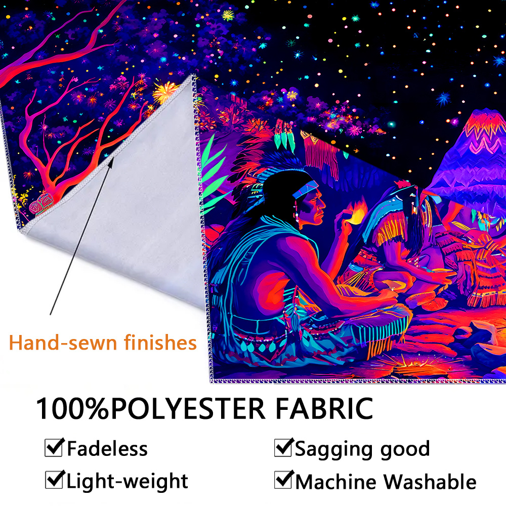 Oversized Vibrant Indian Tribal Tapestry Glows Under Fluorescent Light Fluorescent Aesthetic Prints For Bedroom Office Living Room Party Celebration_voghion.com